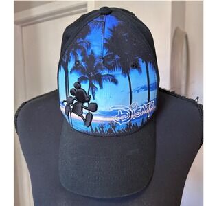 Disney Mickey Mouse Baseball Cap Hat Tropical Palm Tree Black Blue Beach